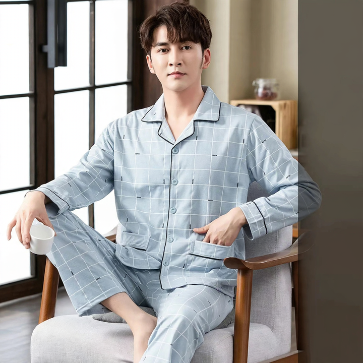 Men's Pajama Set, 100% Cotton, long-sleeved, buttoned