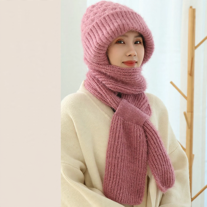 Padded knit cap with scarf for women