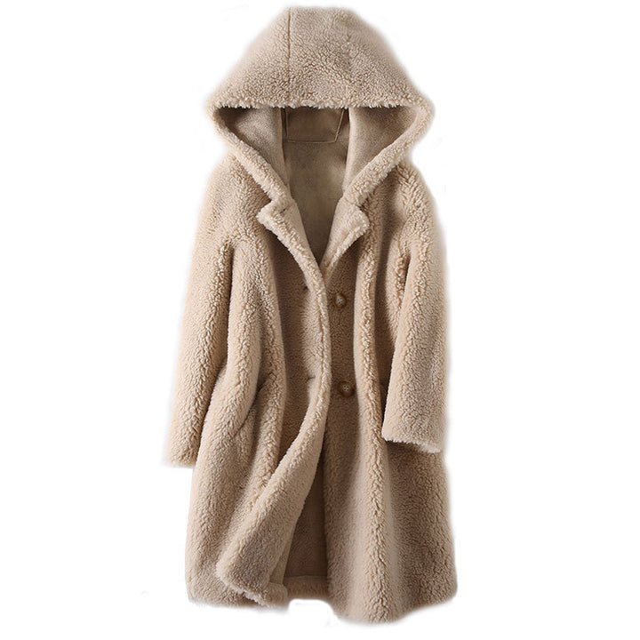 Women's sheepskin coat with hood, mid-length