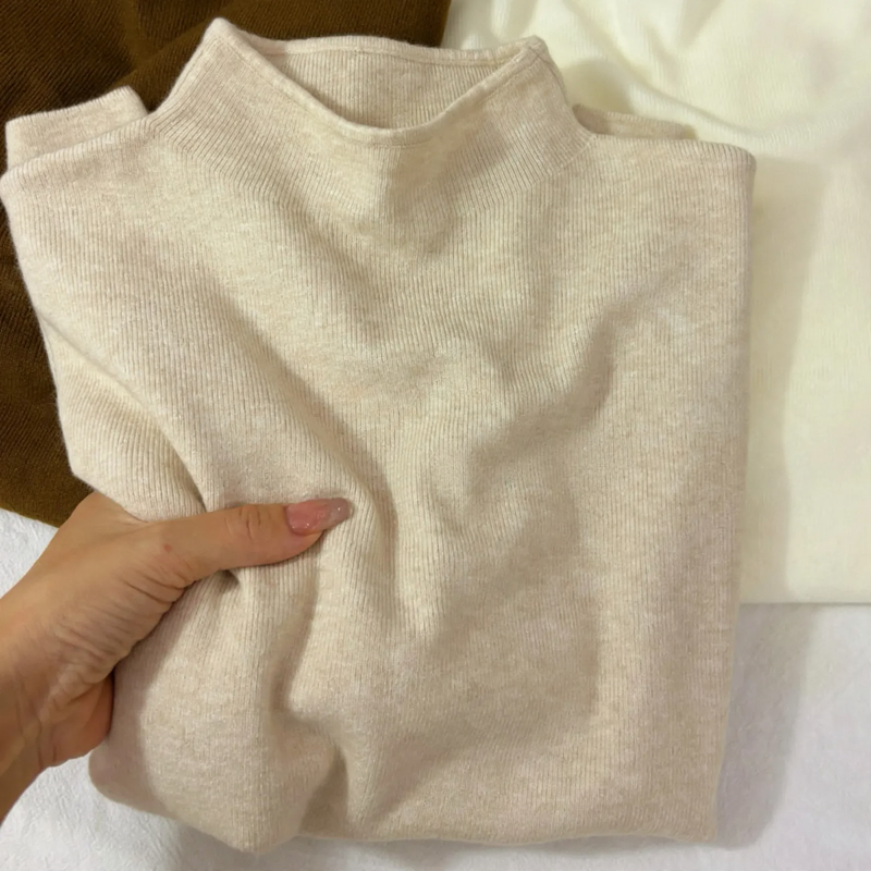 Women's knit pullover with stand-up collar, soft material