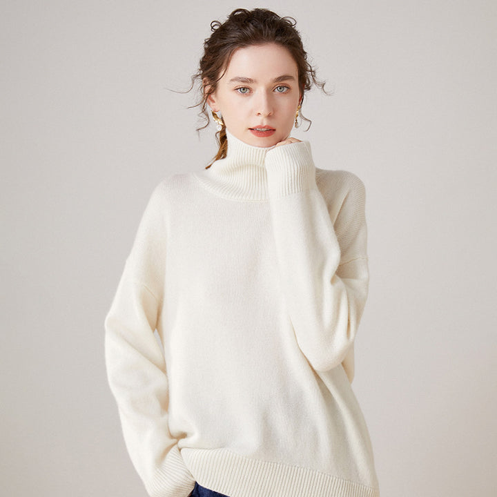 Women's cashmere sweater, high collar, loose fit
