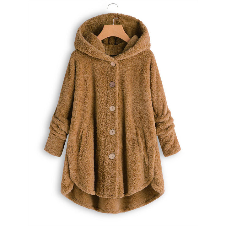 Ladies plush jacket with button placket, asymmetrical