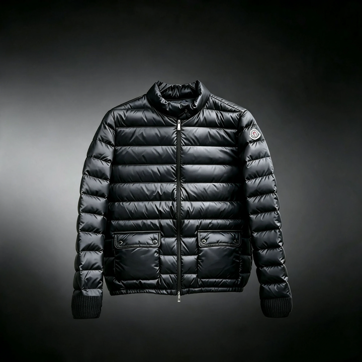 Light women's down jacket, stand-up collar, white goose down