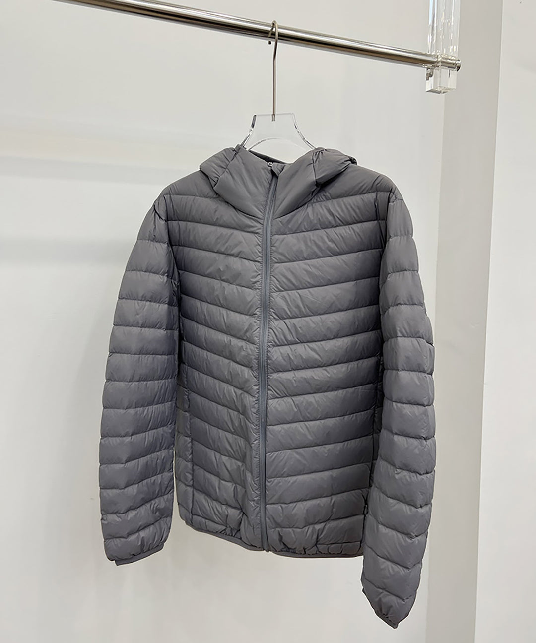 Light men's down jacket, short, with hood