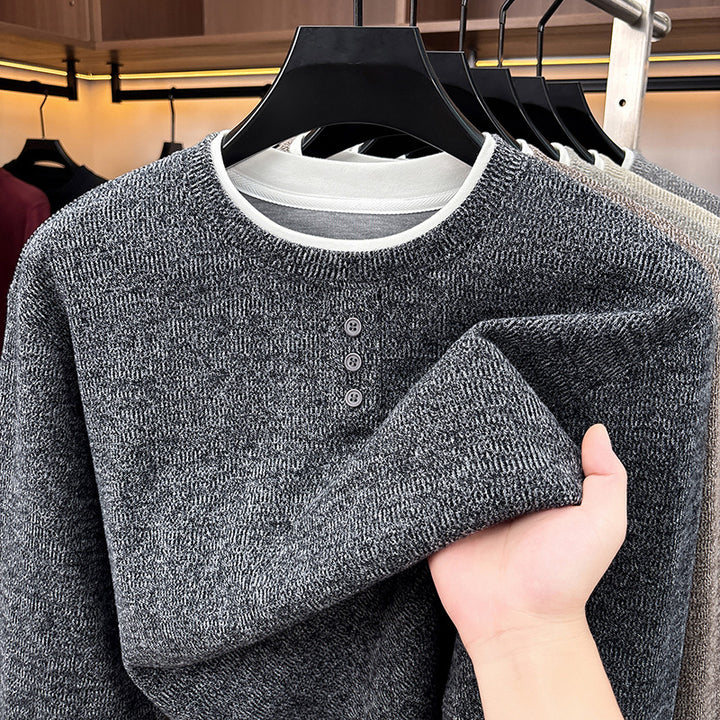 Men's knitted sweater, round neck, long sleeve, fake layer look