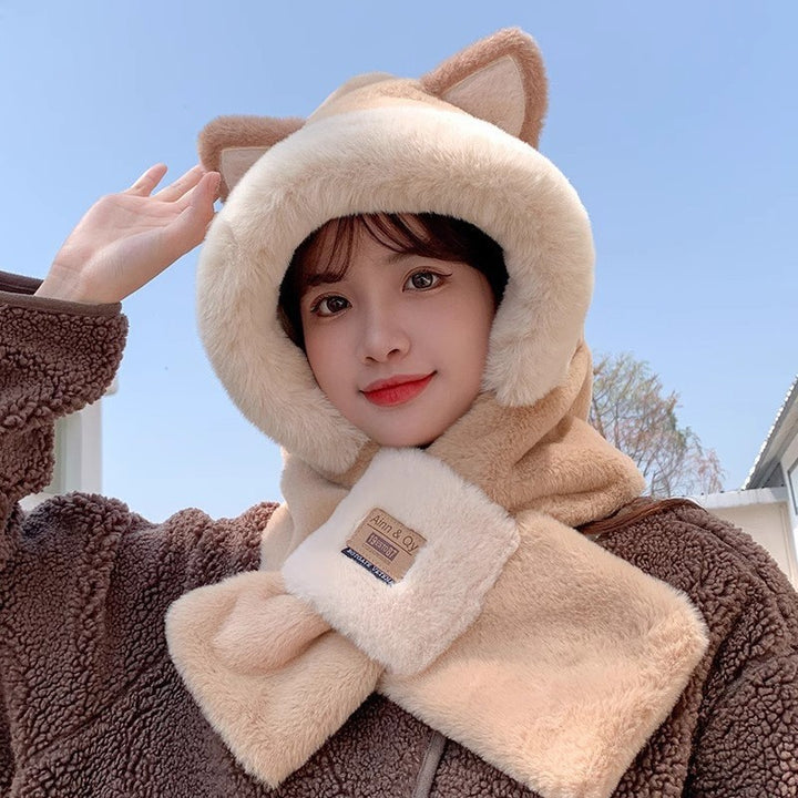 Combined hat with scarf, lined, with ear protection