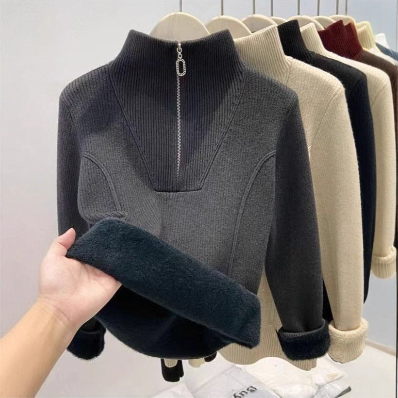 Padded women's knit sweater with zipper