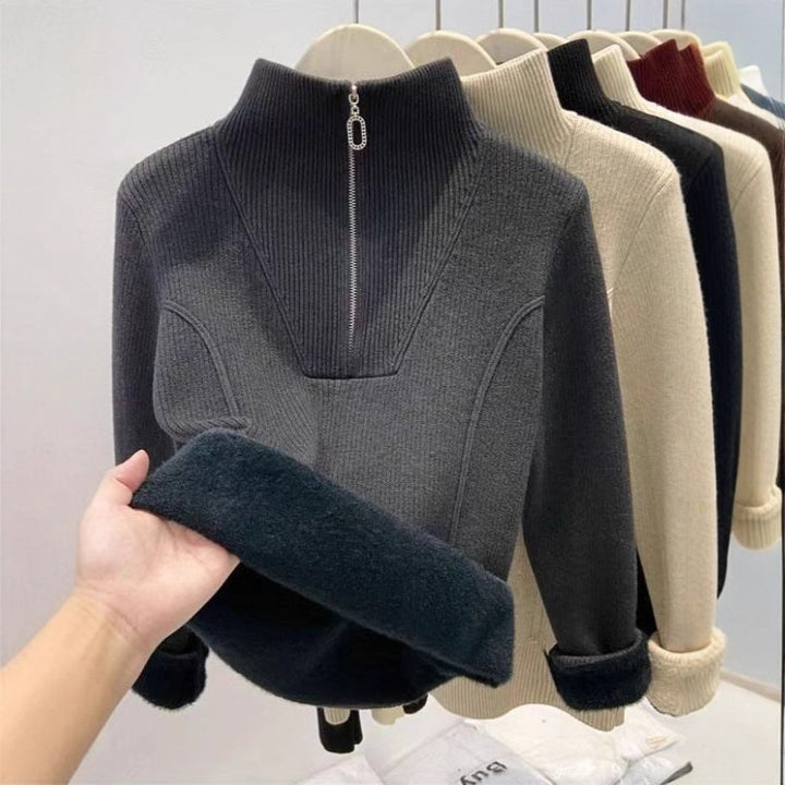 Padded women's knit sweater with zipper