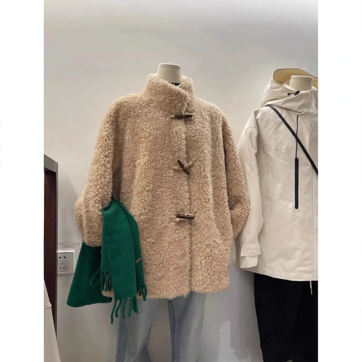 Women's wool coat with toggle buttons, mid-length