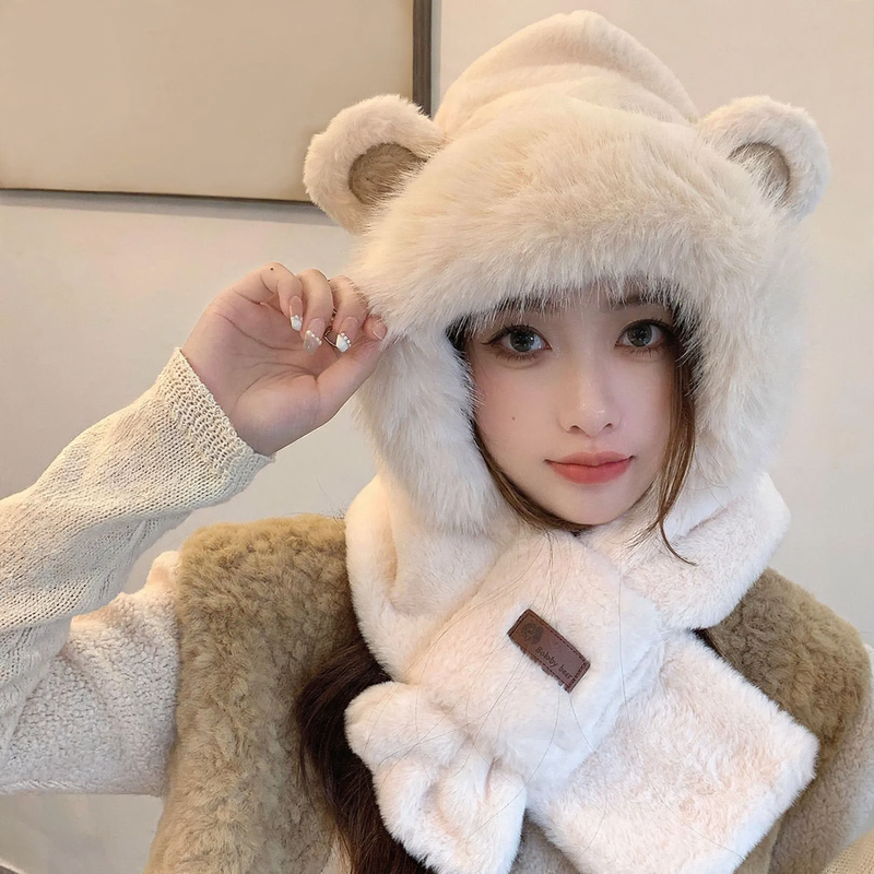 Plush hat with scarf, bear motif, lined