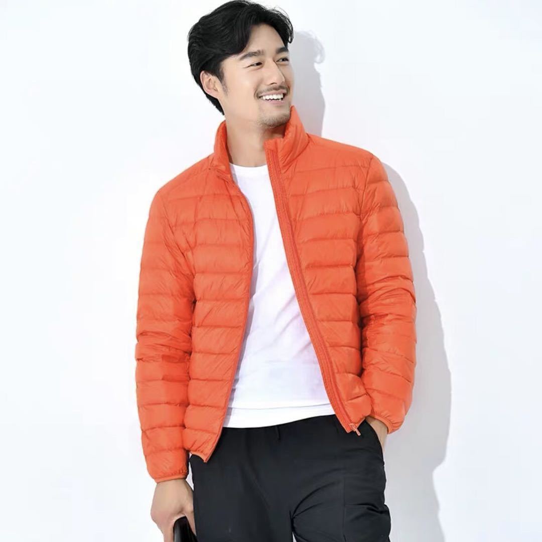 Light men's down jacket with hood, white duck down lining
