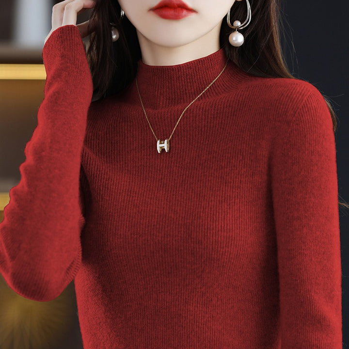 Ladies knit pullover with stand-up collar, seamless