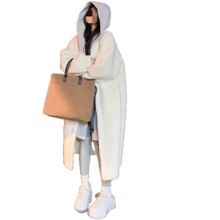 Long lamb fleece coat with hood, elegant
