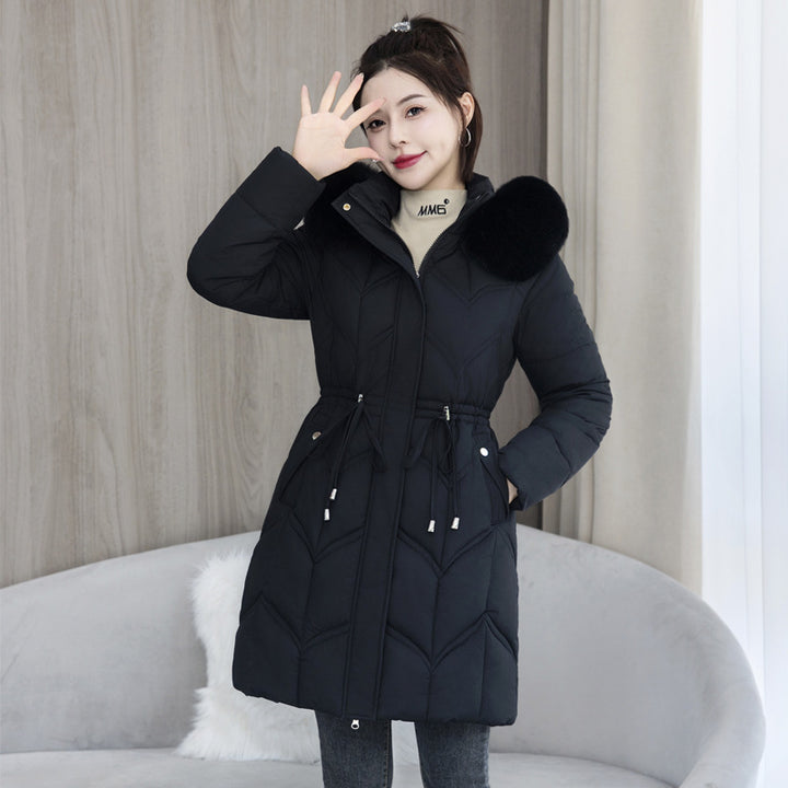 Long women's winter coat with faux fur collar