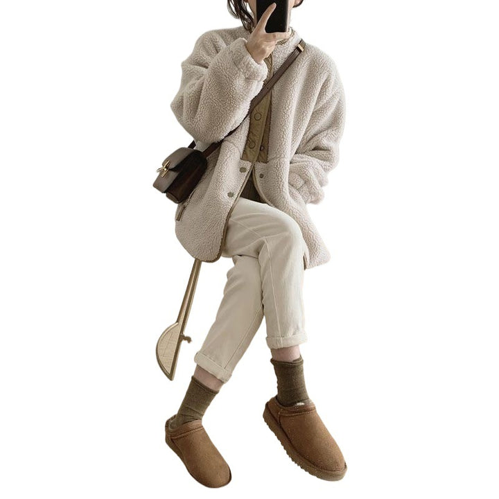 Lamb fleece coat, stand-up collar, with tie belt