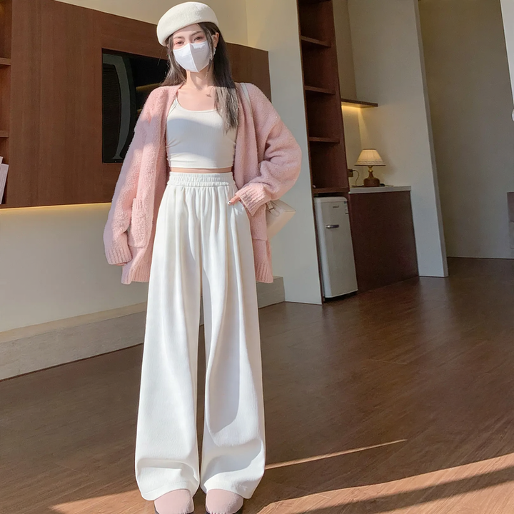 Padded corduroy knitted trousers with high waist