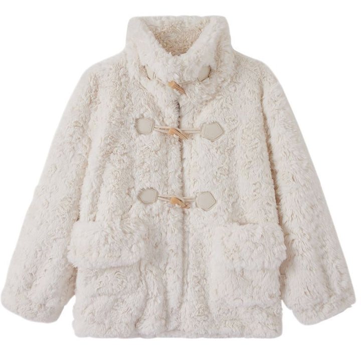 Women's winter coat with toggle closure and lambskin look