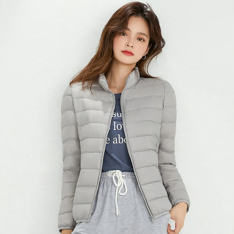 Light down jacket for women, stand-up collar, white, duck down