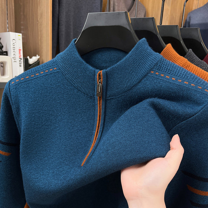 Men's Knit Sweater with Zipper and Stand-up Collar