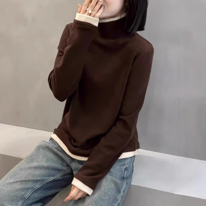 Women's long-sleeve shirt with stand-up collar and fake-layer look