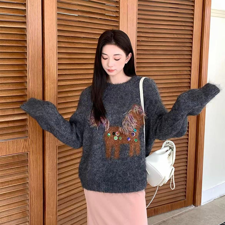 Women's knitted sweater with horse embroidery