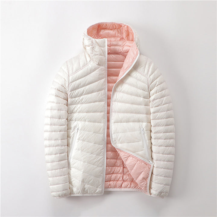 Reversible women's down jacket with hood, lightweight and short