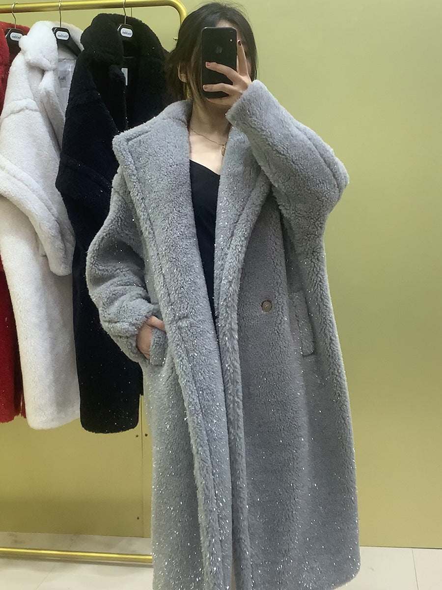 Teddy Coat with Gloss Effect, Mid-Length, Women's
