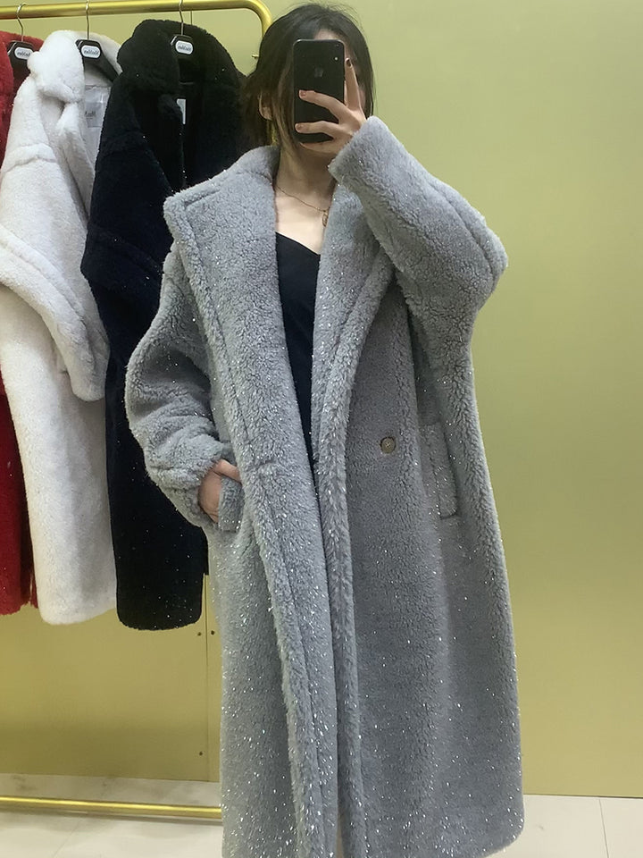 Teddy Coat with Gloss Effect, Mid-Length, Women's