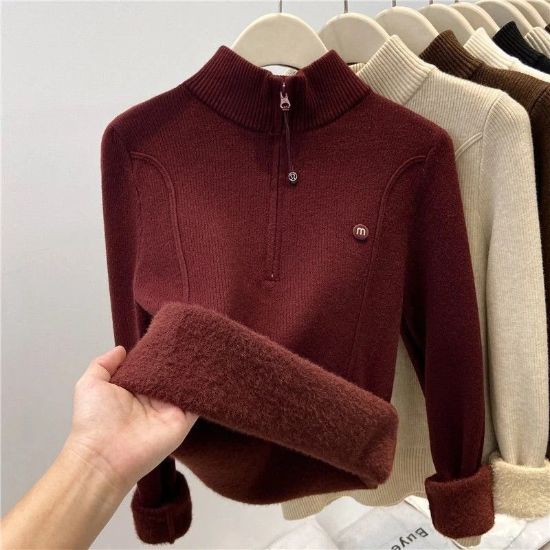 Women's knitted sweater with zipper and stand-up collar