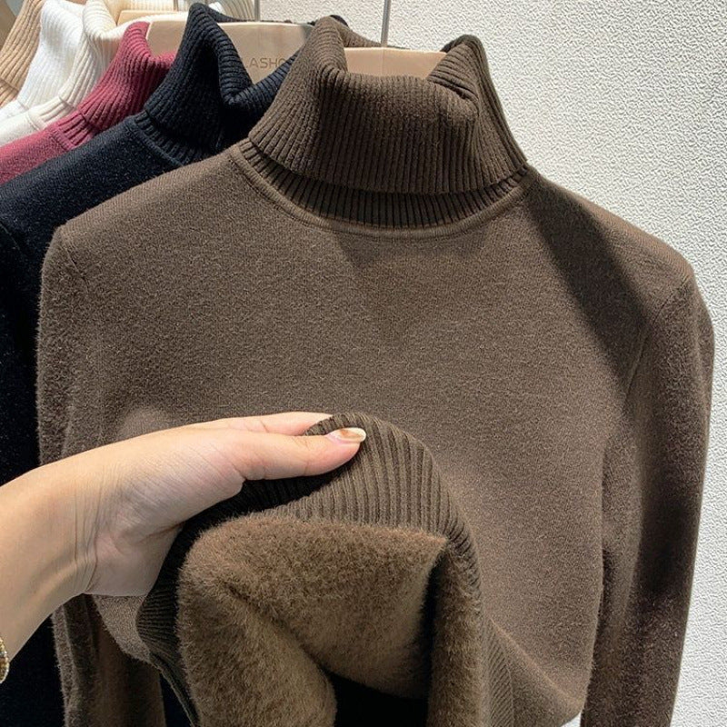 Women's knitted pullover with inner fleece, high collar
