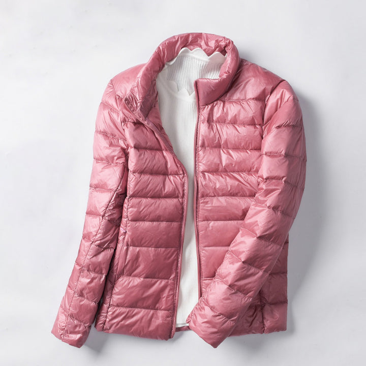 Women's down jacket, short, stand-up collar, fitted, with duck down