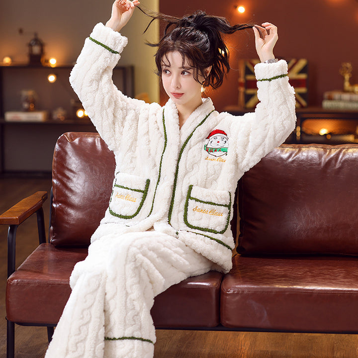 Women's flannel pajama set with Christmas collar, insulated