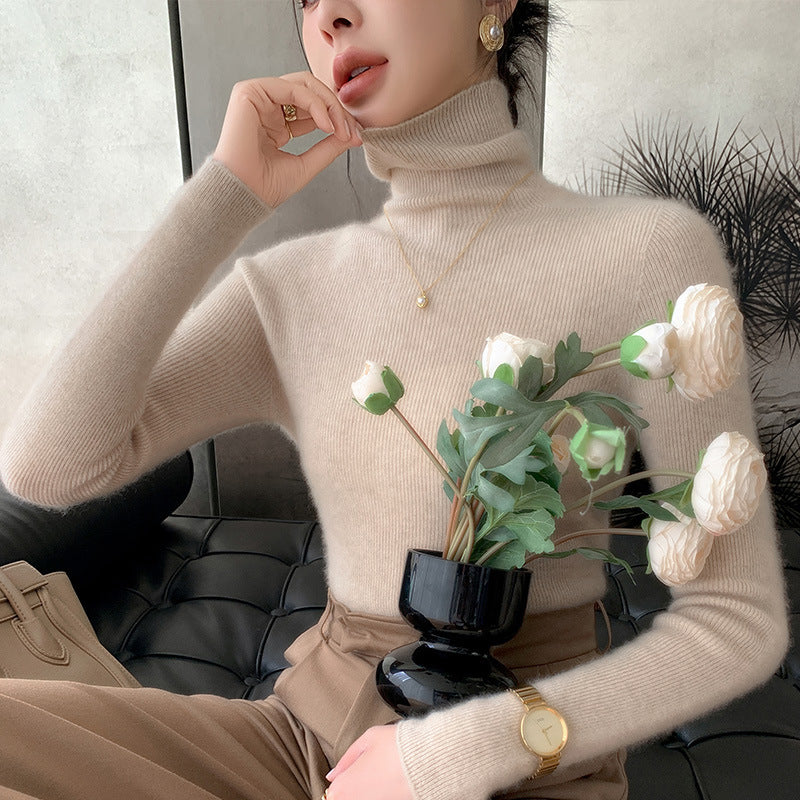 Women's knitted pullover with stand-up collar, long-sleeved, lined