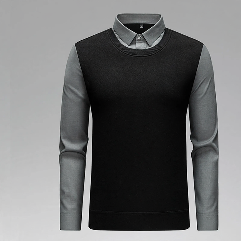 Men's knit sweater in fake layer look, warm lining