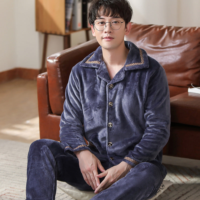 Men's Flannel Pajama Set, Embroidered, Simple