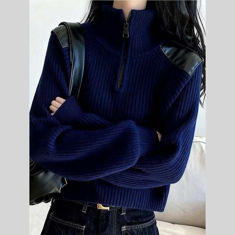 Women's knitted sweater with zipper and stand-up collar