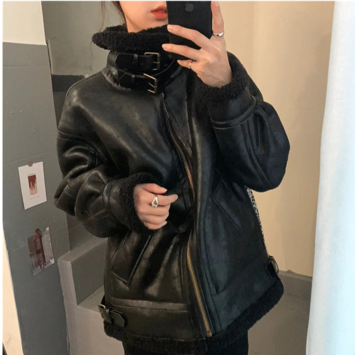 Women’s lambskin imitation jacket in biker style