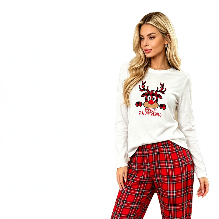 Women’s Pajama Set, Long Sleeve, Checkered Pants, Christmas Motif