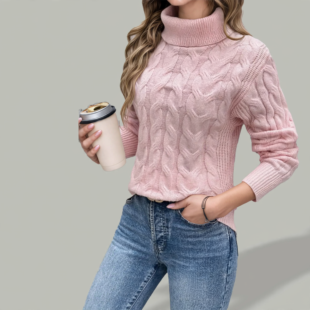 Knit sweater with cable pattern and high collar
