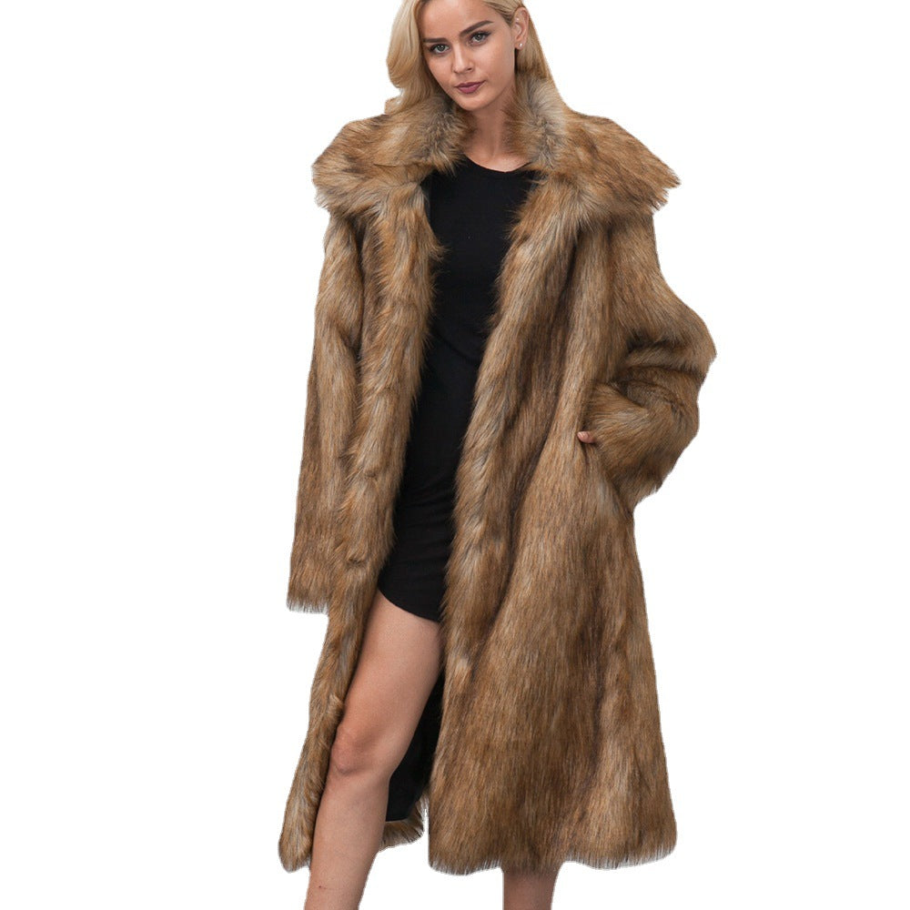 Long women's faux fur coat with square neckline