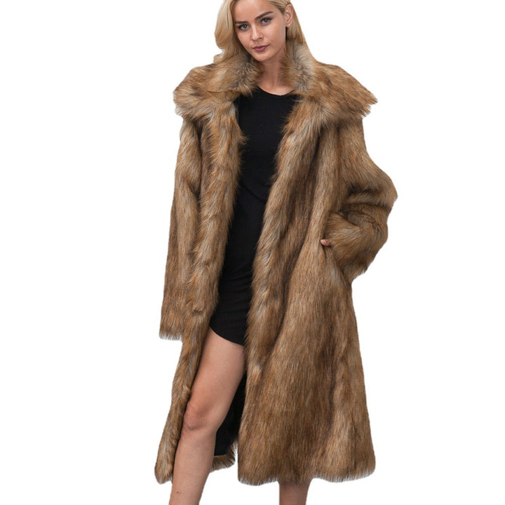 Long women's faux fur coat with square neckline