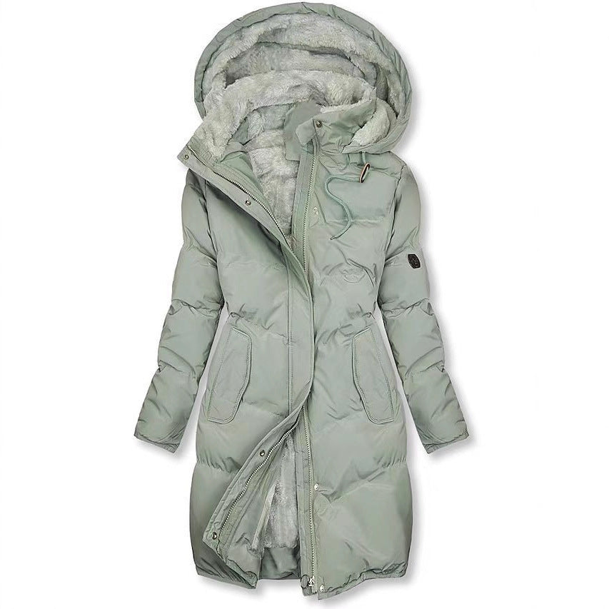 Women's quilted coat, mid-length, with hood and lining
