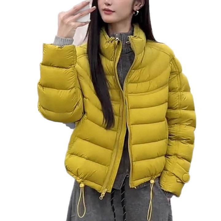 Short women's down jacket with standing collar