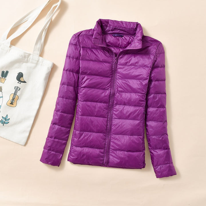 Women's down jacket, short, standing collar, tailored, with duck down