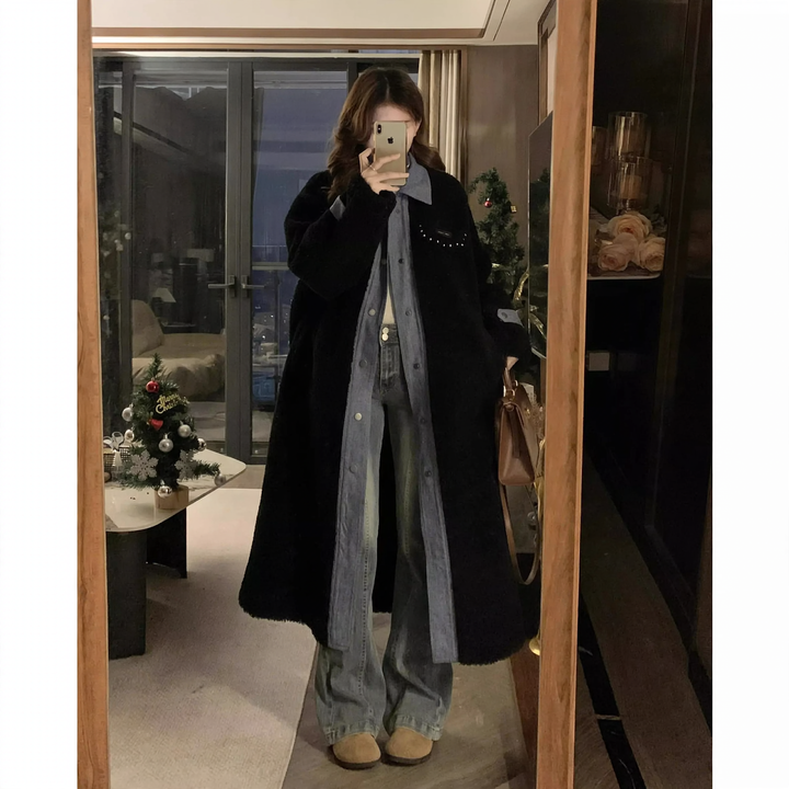 Women's coat in lambskin look, mid-length, lined