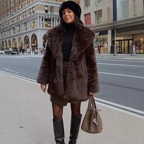 Long faux fur coat with large lapels