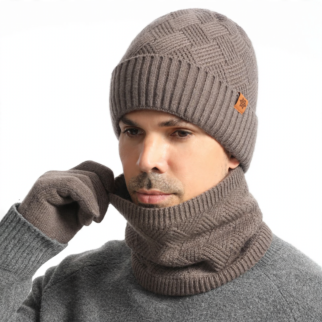 Men's Knit Set: Beanie, Scarf and Gloves, lined