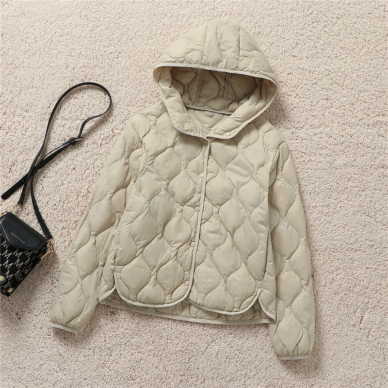 Light women's down jacket, short, with hood