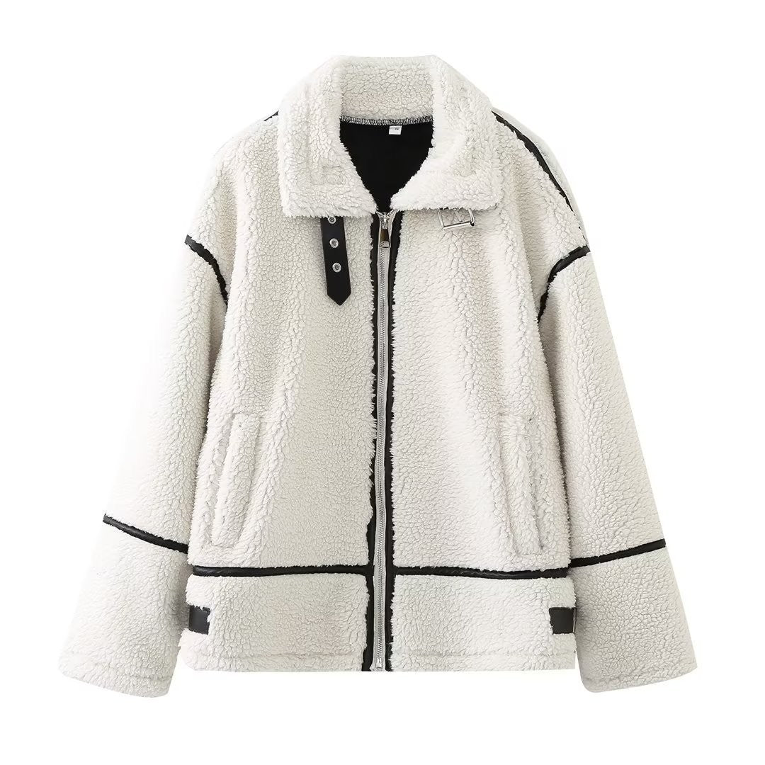 Fashionable patchwork jacket with lambskin look
