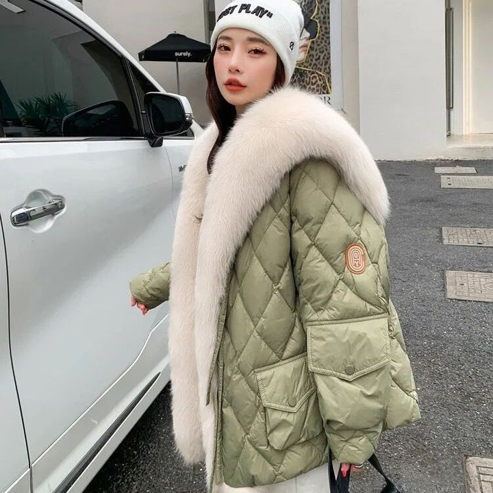 Mid-length faux fur coat with sailor collar